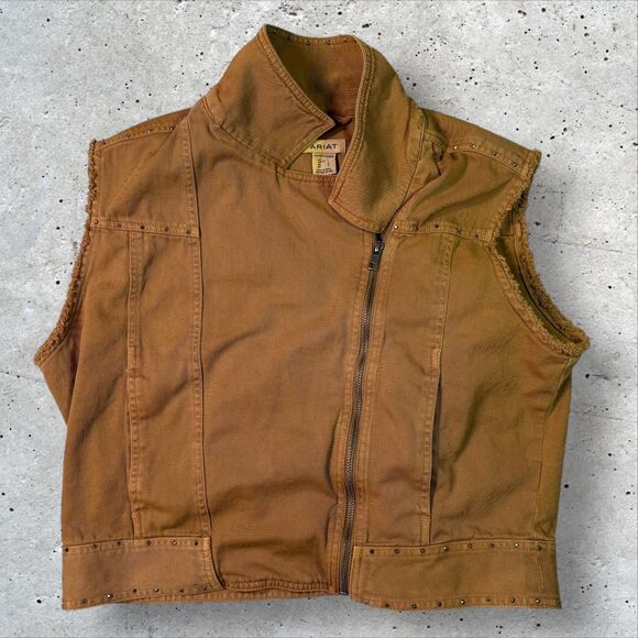 Ariat Jackets & Blazers - Ariat Women’s Brown Studded Canvas Vest L Western Workwear Utility Frayed Sleeve